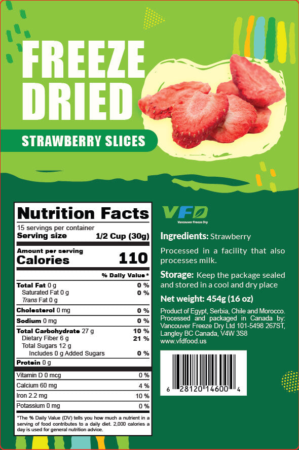 Detailed nutrition label for bulk freeze-dried Strawberry Slice — ingredients and nutritional values for bakery use