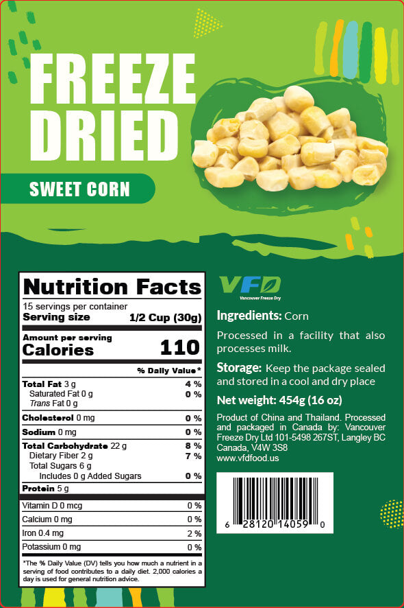 Detailed nutrition label for bulk freeze-dried Corn — ingredients and nutritional values for restaurant use