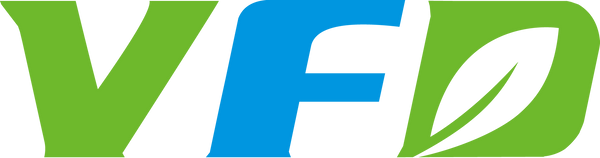 Logo with 'VFD' where 'V' is green, 'F' is blue, and 'D' is green with a leaf.