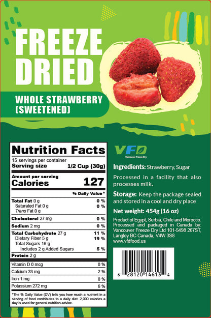 Detailed nutrition label for bulk freeze-dried sugar added Whole Strawberries — ingredients and nutritional values for bakery use
