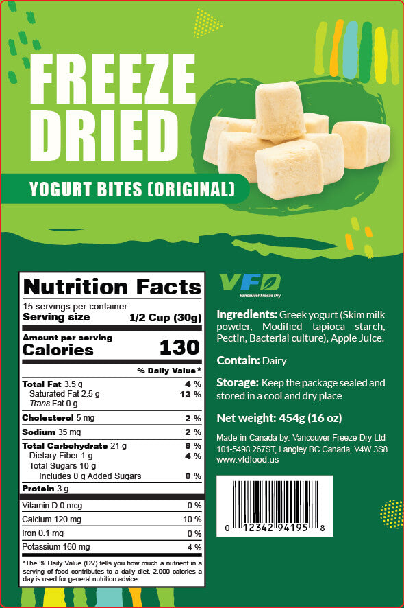 Detailed nutrition label for bulk freeze-dried Yogurt bite — ingredients and nutritional values for bakery use