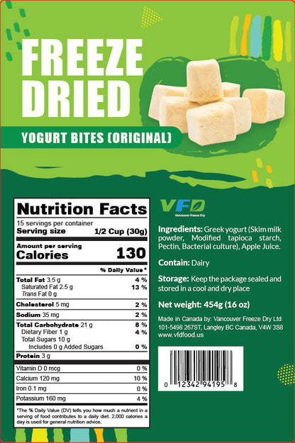 Detailed nutrition label for bulk freeze-dried Yogurt bite — ingredients and nutritional values for bakery use