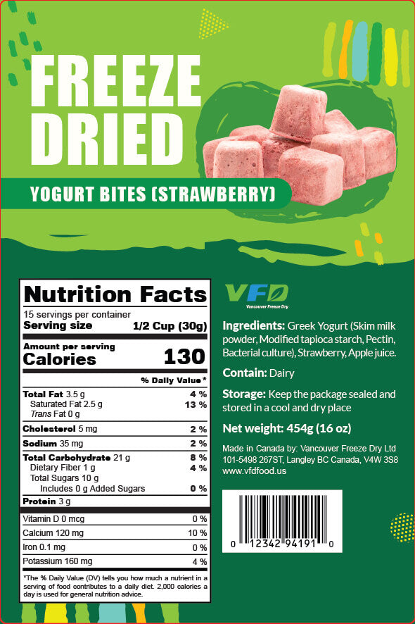 Detailed nutrition label for bulk Strawberry freeze-dried Yogurt bite — ingredients and nutritional values for bakery use