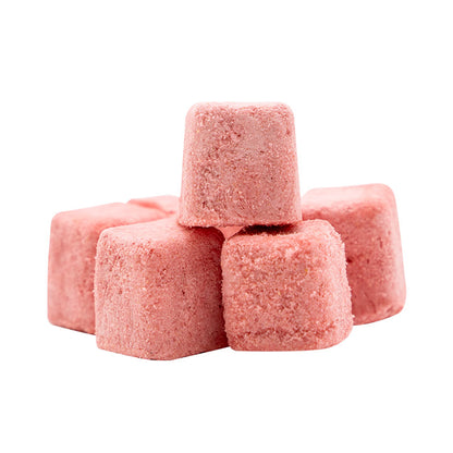 Freeze dried strawberry Yogurt Cube topping on white background — crisp, Greek yogurt snack by VFD, perfect for baking, desserts, and smoothies