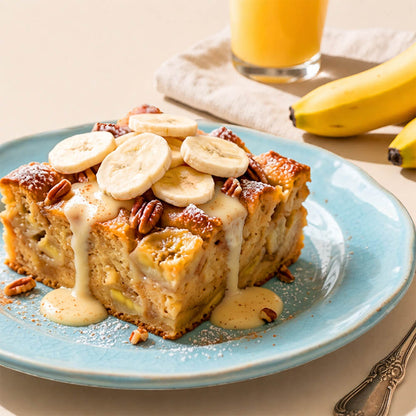 A plated slice of banana bread dessert topped with freeze dried banana slices, pecans, and creamy sauce, served on a light blue plate with bananas and an orange drink in the background.