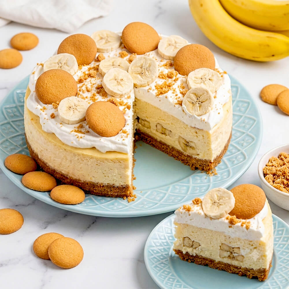 A banana pie cheesecake with a slice cut out, topped with freeze dried banana slices, vanilla wafer cookies, and crumbled cookie crumbs, served on a light blue patterned plate with additional slices and cookies on a white marble surface.