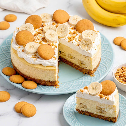 A banana pie cheesecake with a slice cut out, topped with freeze dried banana slices, vanilla wafer cookies, and crumbled cookie crumbs, served on a light blue patterned plate with additional slices and cookies on a white marble surface.