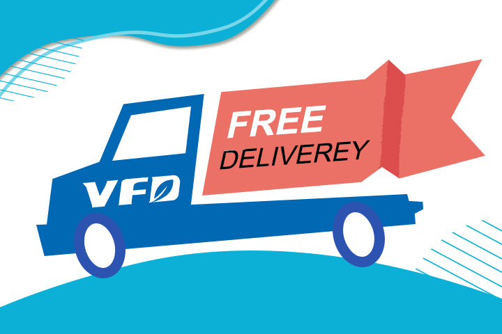Illustration of a blue delivery truck with 'VFD' and a red 'FREE DELIVERY' banner on a white background.
