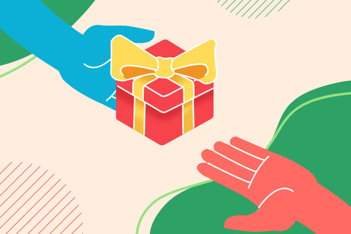 Illustration of two hands reaching towards a colorful gift box on a beige background