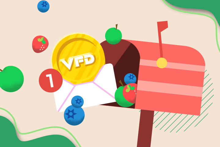 Illustration of a mailbox with colorful fruits and a 'VFD' label on a beige background