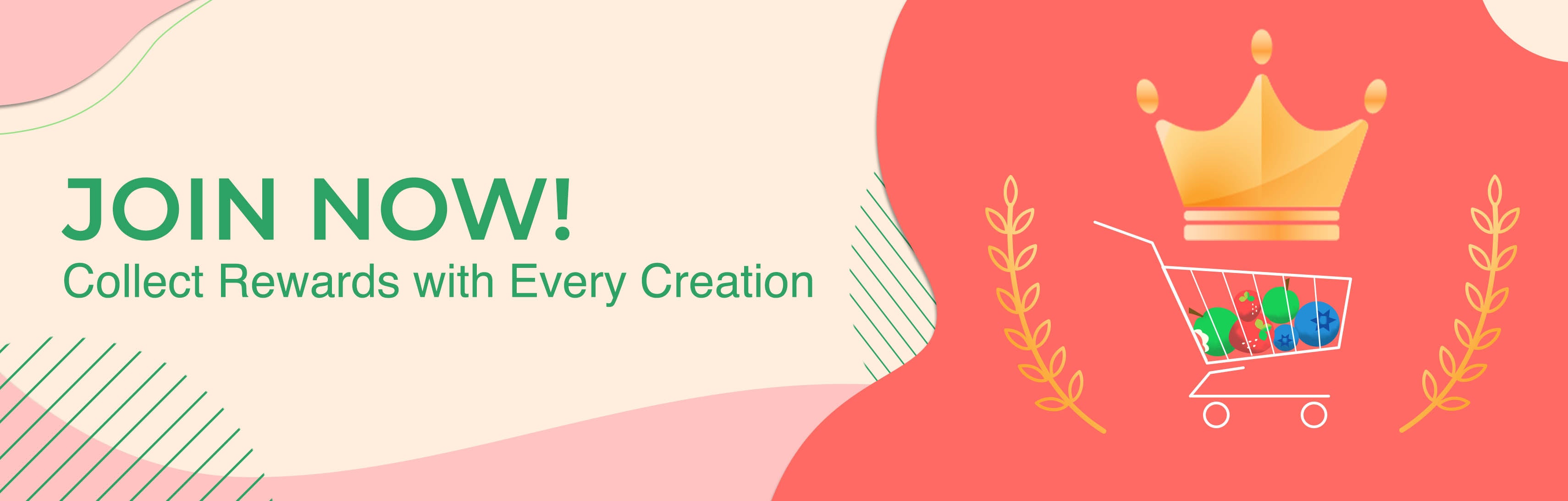 Promotional banner encouraging joining with rewards for creations, featuring a shopping cart and crown icon.